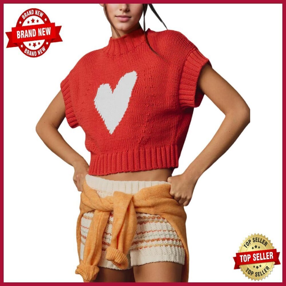 Cropped Cotton Sweater Vest Mock Neck Cap Sleeve Heart Knit Pullover Top